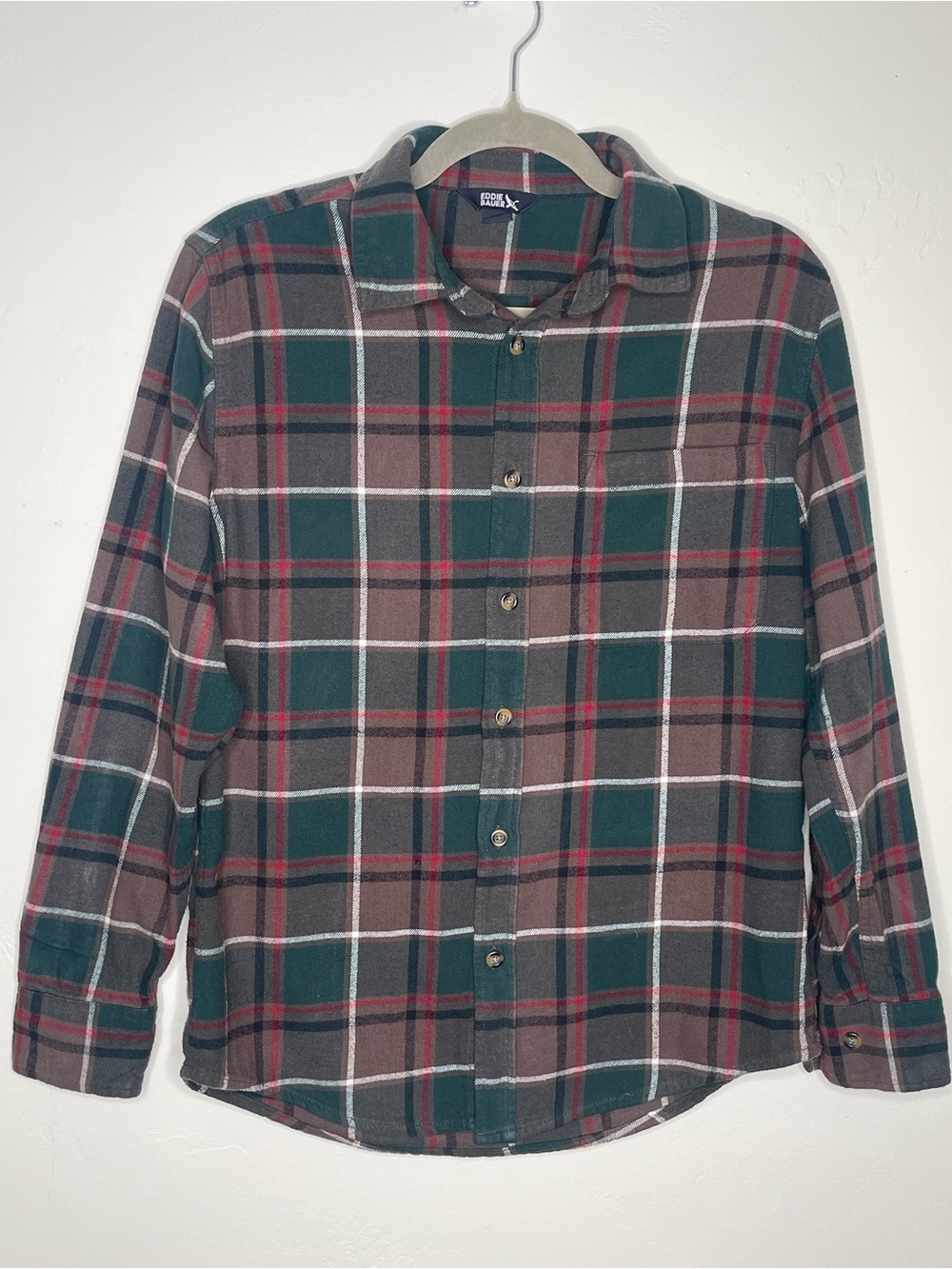 Eddie Bauer Men’s Green Plaid Cotton Flannel Shirt Size Small